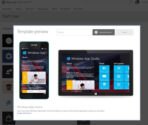 Screenshot che mostra come creare app gratis