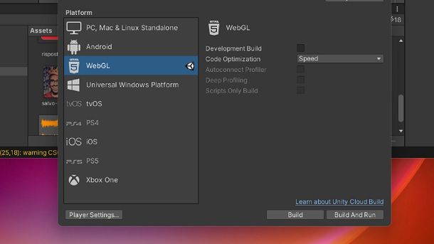 Come fare una build Unity WebGL HTML 5