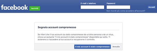 Pagina per recuperare l'account Facebook compromesso