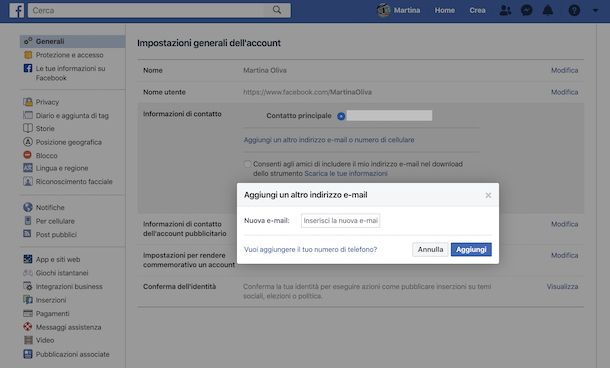 Cambio indirizzo email Facebook da Web