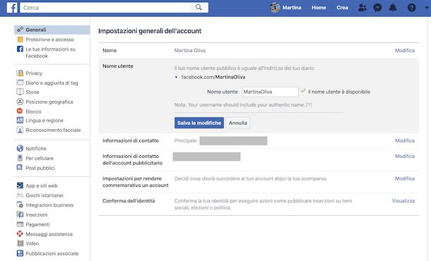Cambio indirizzo account Facebook da computer