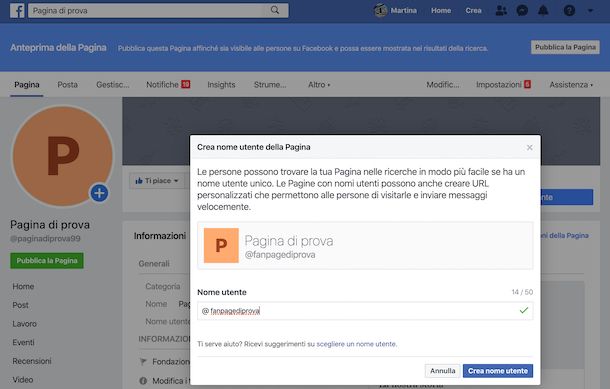 Cambio indirizzo pagina Facebook da computer