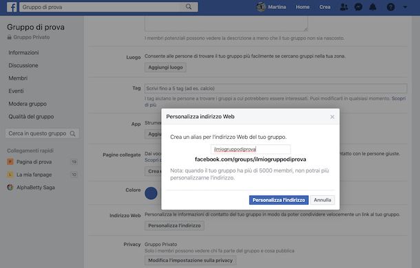 Cambio indirizzo gruppo Facebook da computer