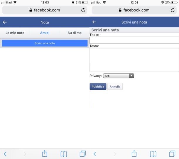 Creare note Facebook da mobile