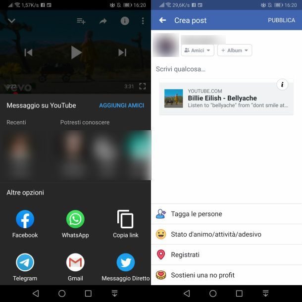 Come taggare un video YouTube su Facebook da smartphone