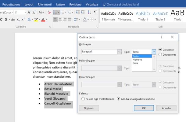 Come ordinare in ordine alfabetico su Word