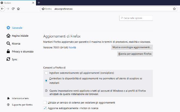 Procedura standard per tornare alla versione precedente di Firefox