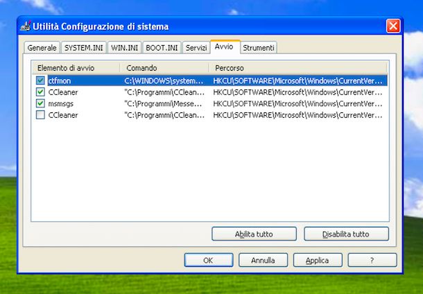 Utilità configurazione di sistema Windows XP