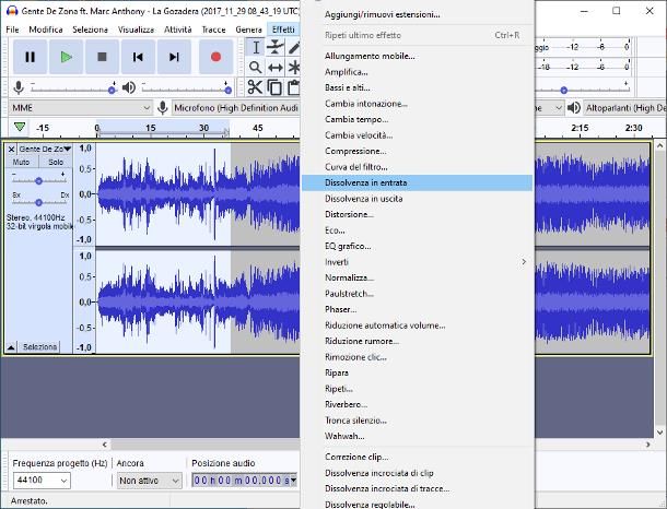 Come sfumare una canzone con Audacity