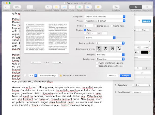 Stampare due pagine per foglio su Mac