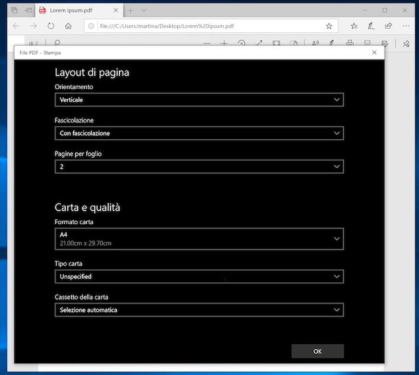 Stampare due pagine per foglio con Windows 10