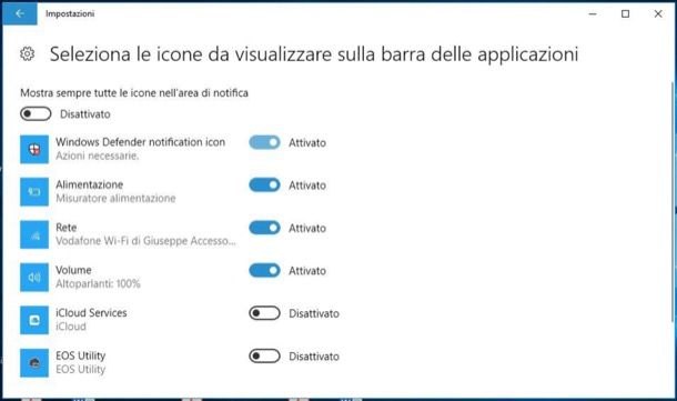 Rimuovere icone barra delle applicazioni Windows 10