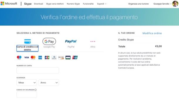 Come acquistare credito Skype da Web