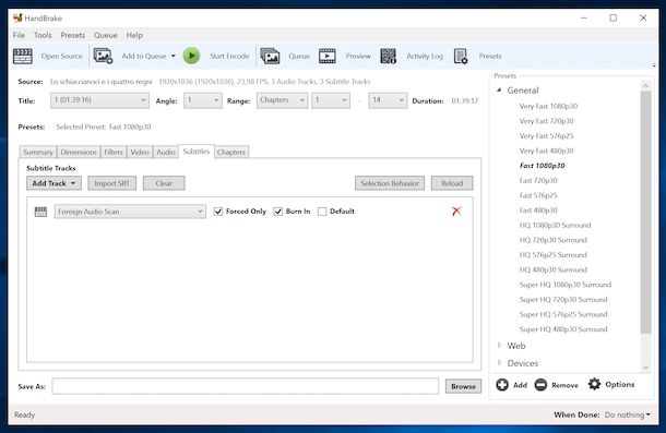 HandBrake rimozione sottotitoli