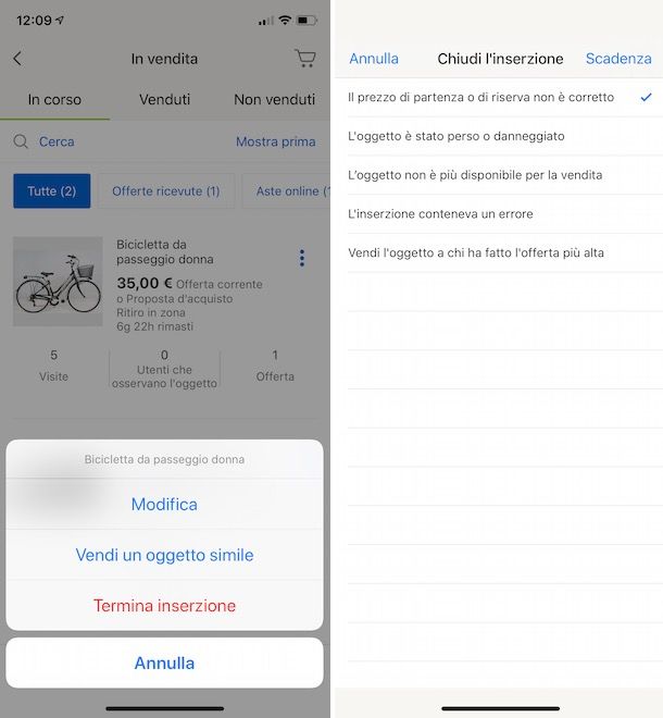 Chiudere inserzione eBay da app