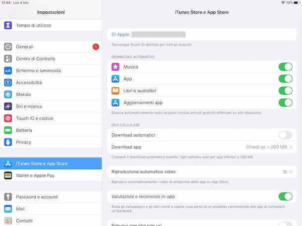 Impostazioni iPadOS App Store e iTunes Store