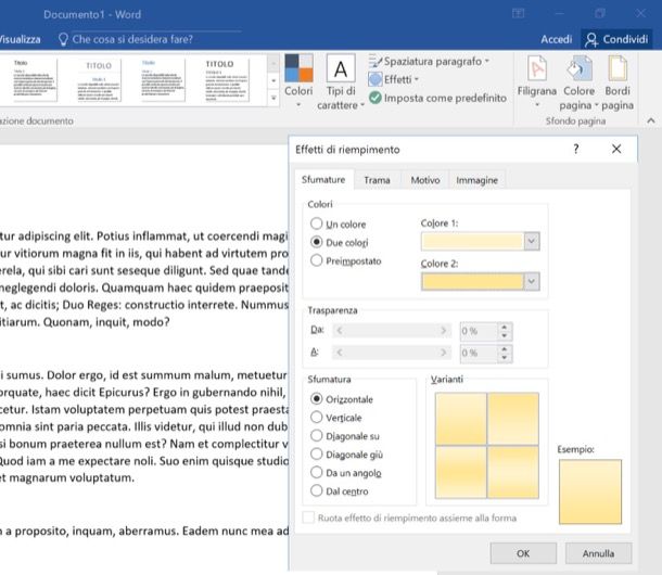 Effetti di riempimento dello sfondo su Word