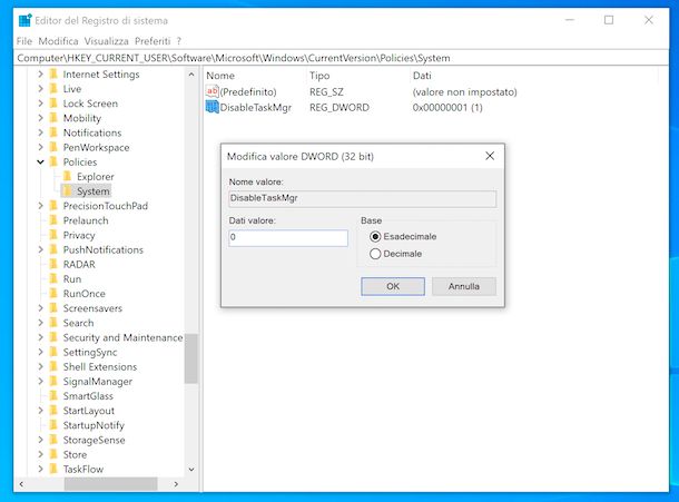 Riabilitare Task Manager da Registro di sistema