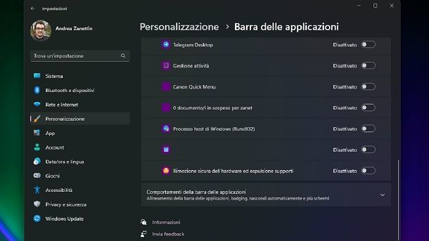 Barra delle applicazioni Windows 11