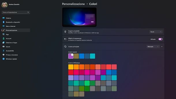 Cambiare i colori Personalizzazione Windows 11