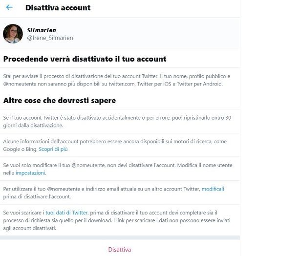 Twitter disattivare account