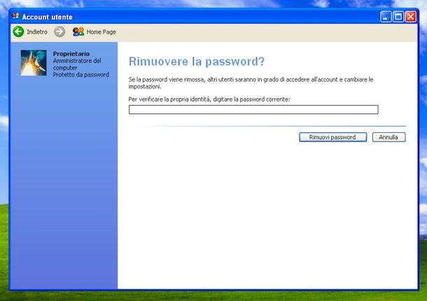 Screenshot che mostra come rimuovere la password dall'account utente su Windows XP