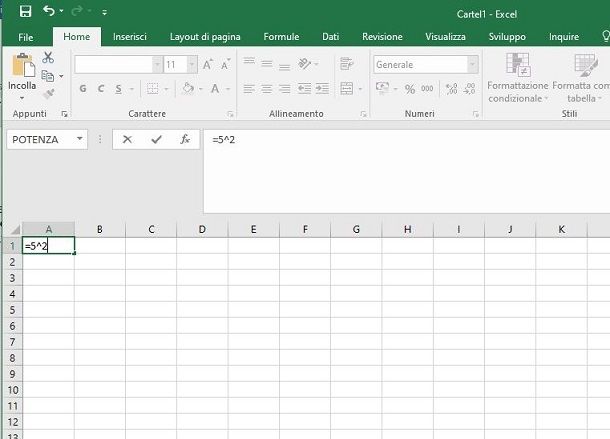 Elevazione al quadrato in Excel