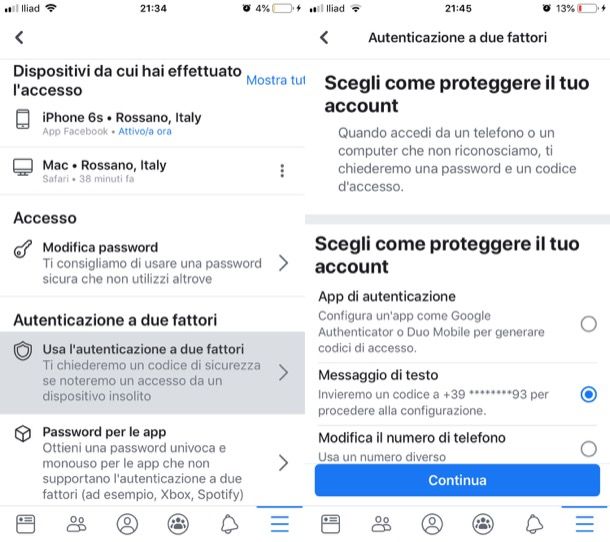 Autenticazione a due fattori di Facebook