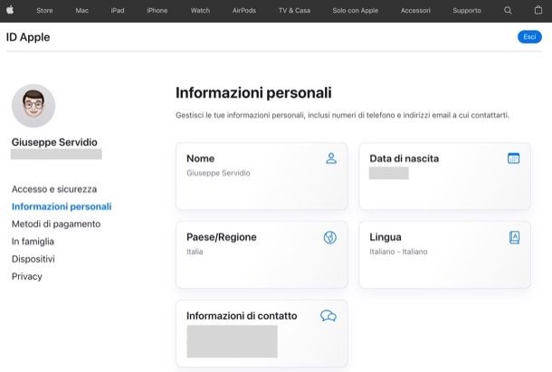 Cambiare informazioni ID Apple