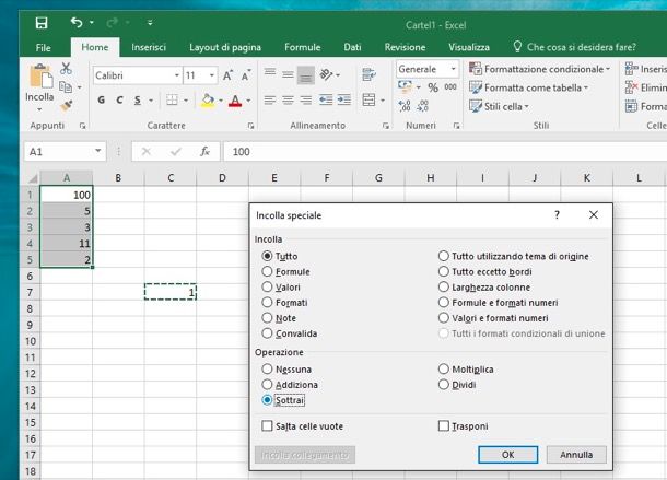 Come sottrarre con Excel