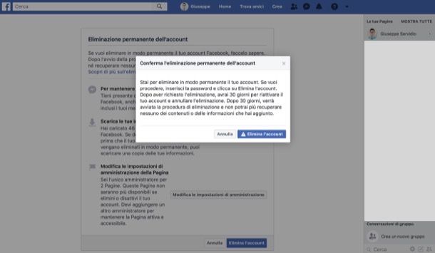 Eliminare account Facebook da computer