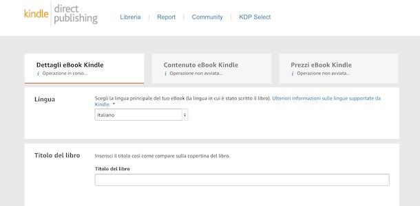 Dettagli eBook Kindle pubblicazione