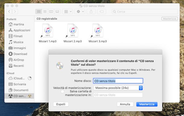 Funzione predefinita di masterizzazione di macOS