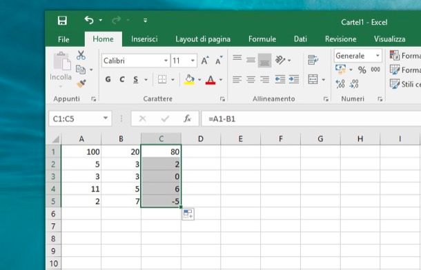 Come sottrarre con Excel