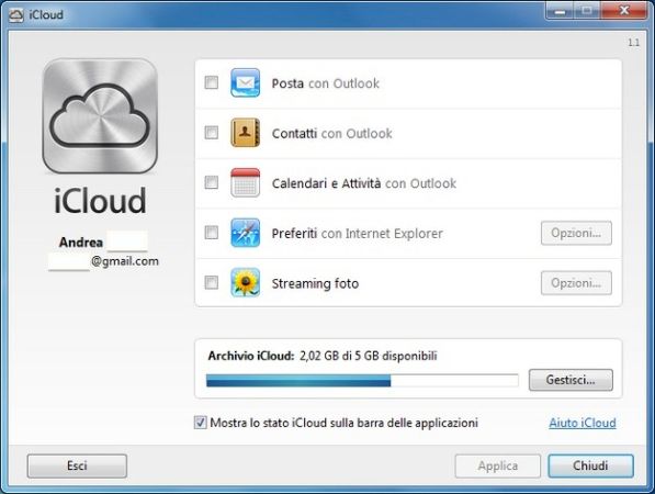 pannello di controllo icloud per windows xp