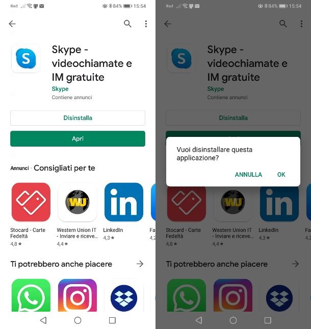 Disinstallare Skype da Play Store