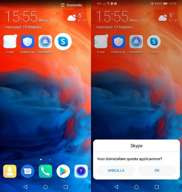 Disinstallare Skype da home screen Android