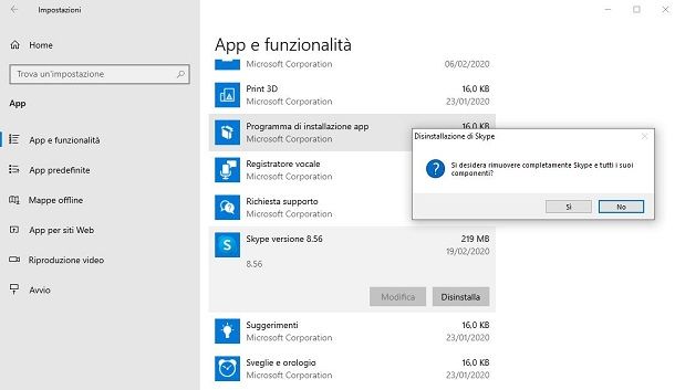 Disinstallare Skype for Desktop da Windows 10