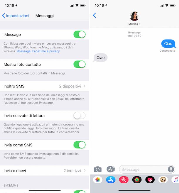 Screenshot che mostra l'uso di iMessage su iPhone