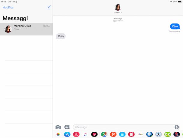 Screenshot che mostra l'uso di iMessage su iPad