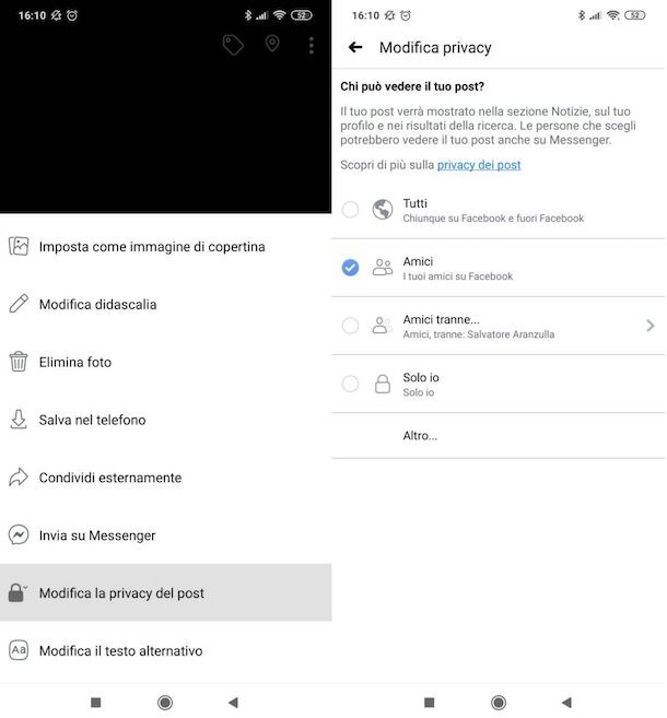 Modificare privacy post foto Facebook mobile