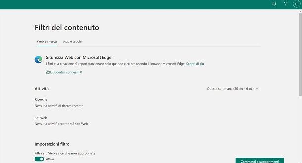 Filtri applicabili per vietare alcuni siti su Edge