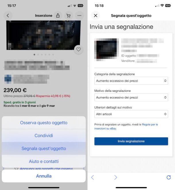 Segnalazione eBay da app