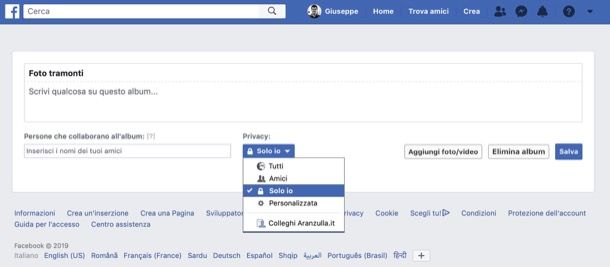Modifica privacy album Facebook da computer