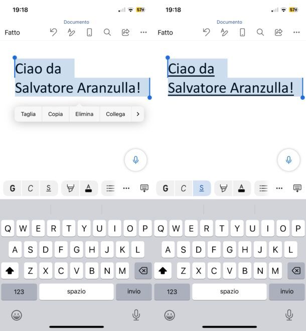 Coem sottolineare su Word mobile