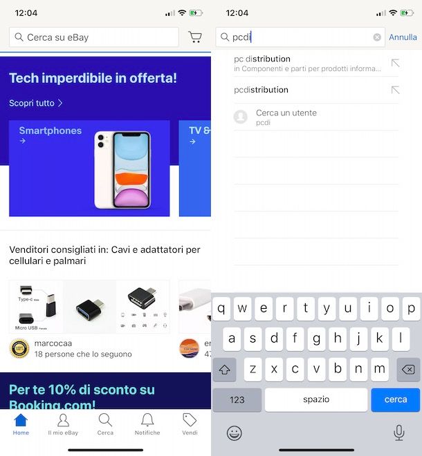 Cercare un venditore su eBay da app