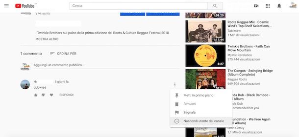 Nascondere un utente su YouTube