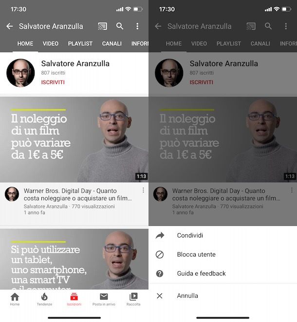 Bloccare un utente su YouTube da smartphone e tablet