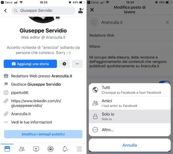 Informazioni personali su Facebook
