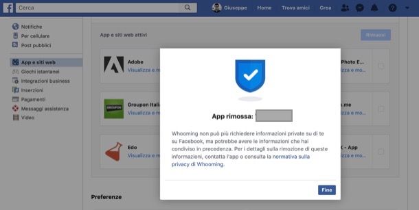 Applicazioni associate a Facebook